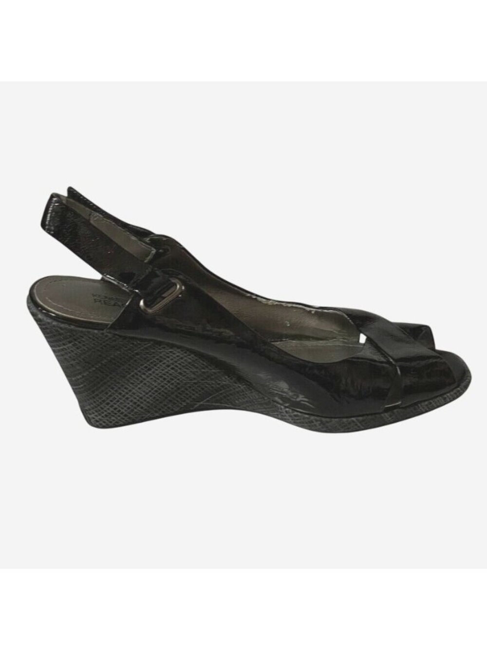 Kenneth Cole Reaction Black Patent Leather Peep Toe Slingback Wedge Heels Womens - Picture 9 of 13